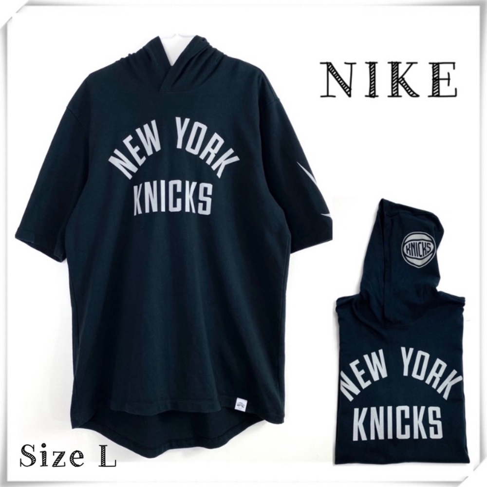 NIKE Knicks Big Logo Short-Sleeve Hoodie Sweatshirt in Black Size L